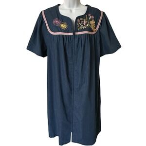 Go Softly Patio Denim Blue Cotton Embroidered Floral House Dress Midi Pocket L